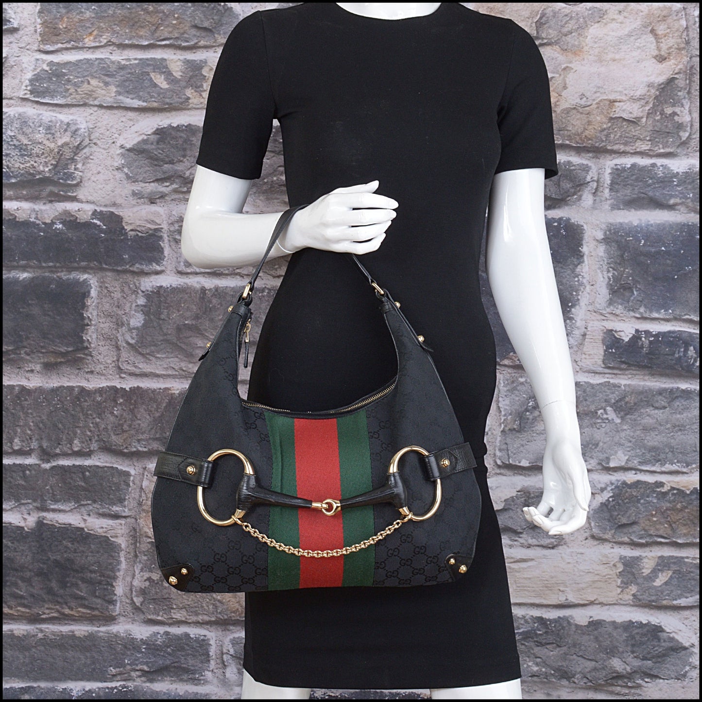 RDC15595 GUCCI Black GG Canvas Red/Gree Web Stripe Horsebit Hobo Bag