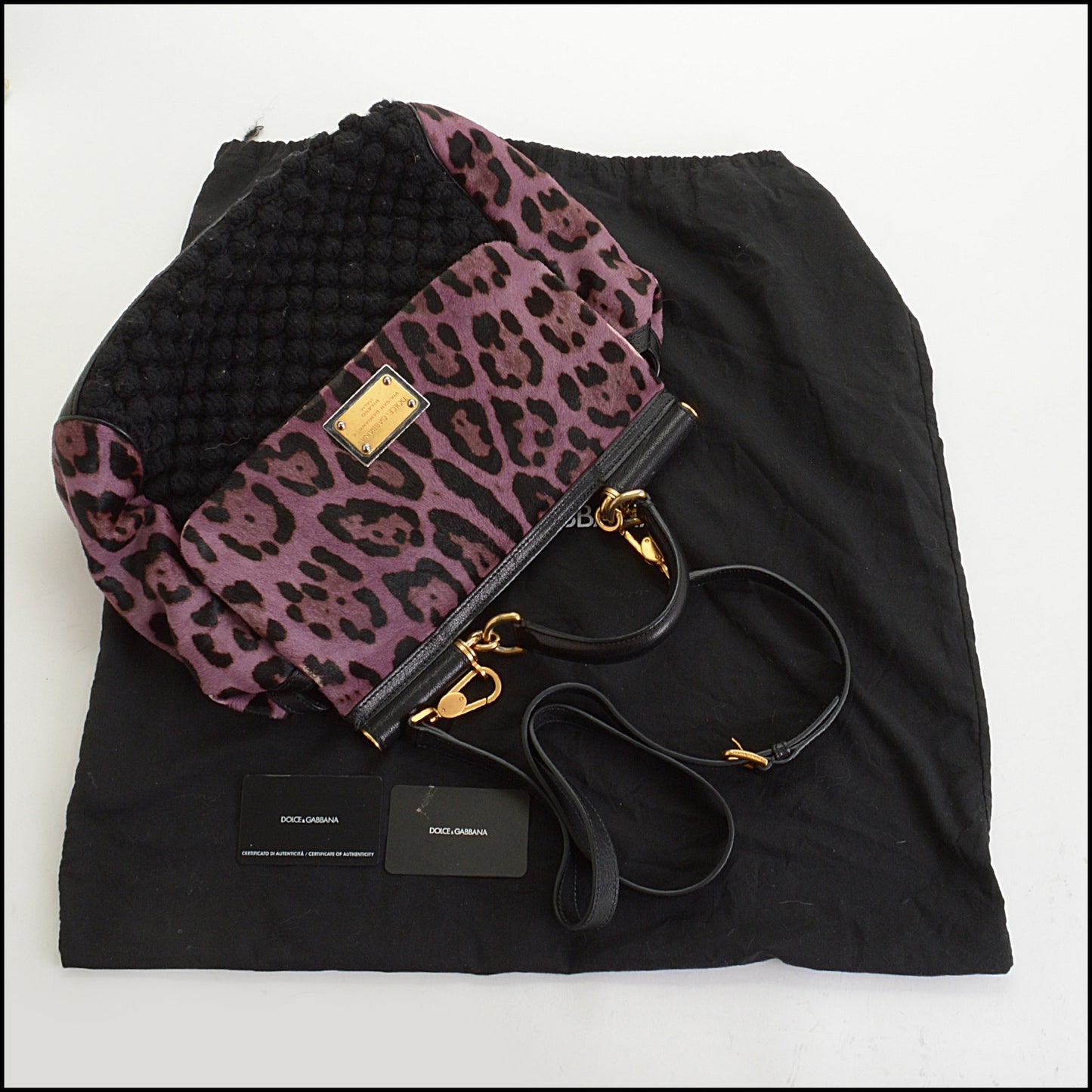 RDC14718 DOLCE & GABBANA Purple/Black Leopard Print Calf Hair Pony Knit Miss Sicily Satchel