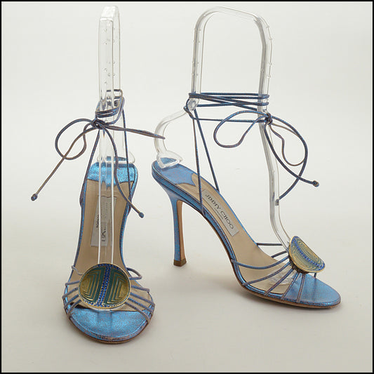 RDC15300 JIMMY CHOO Blue Anita Metallic Cracked Leather Strappy High Heel Sandals Size 39