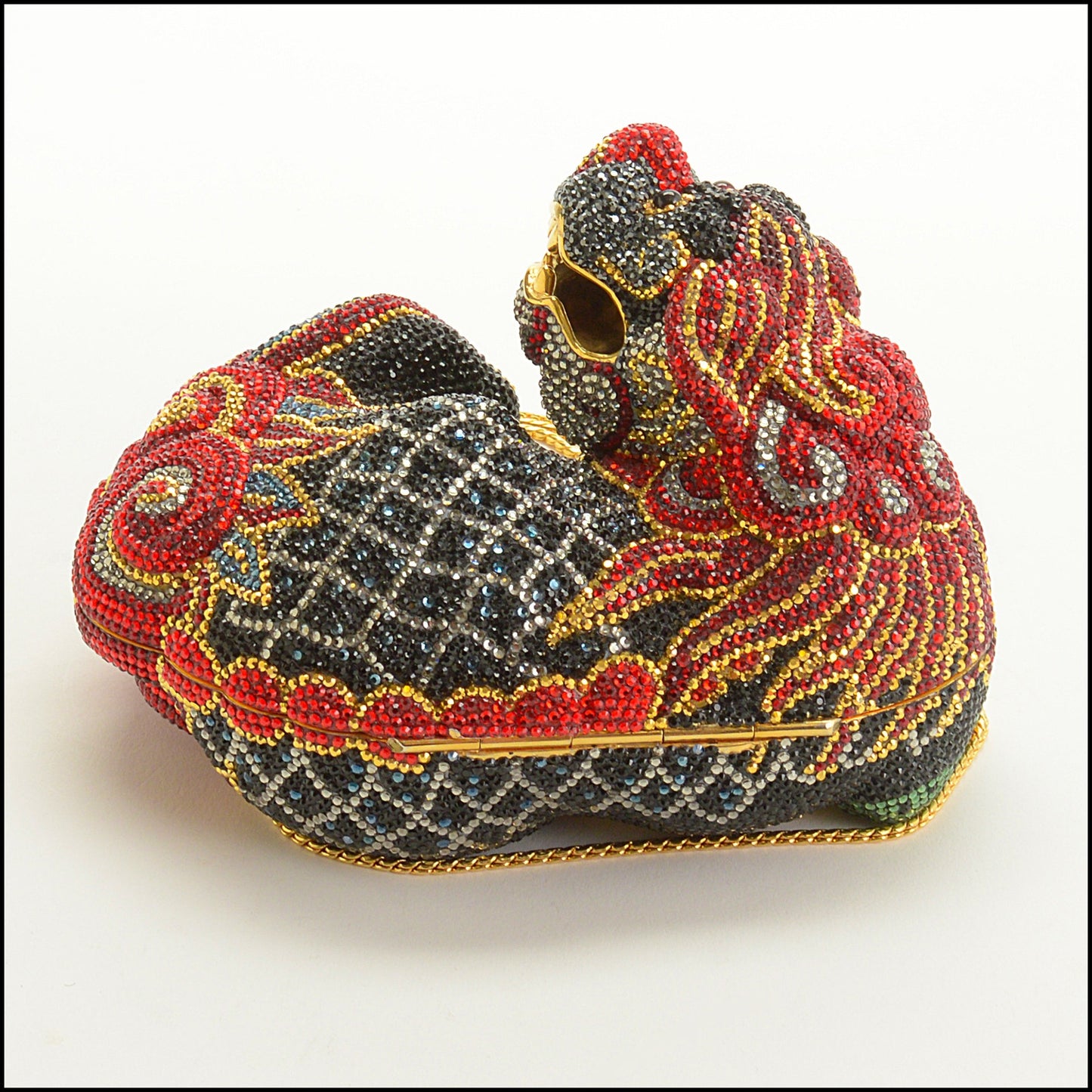 RDC15252 JUDITH LEIBER Black Ming Foo Dog Crystal Minaudiere Bag