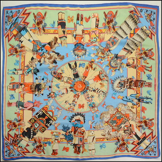 RDC15417 HERMES Blue Kachinas Kermit Oliver Silk Scarf 90cm