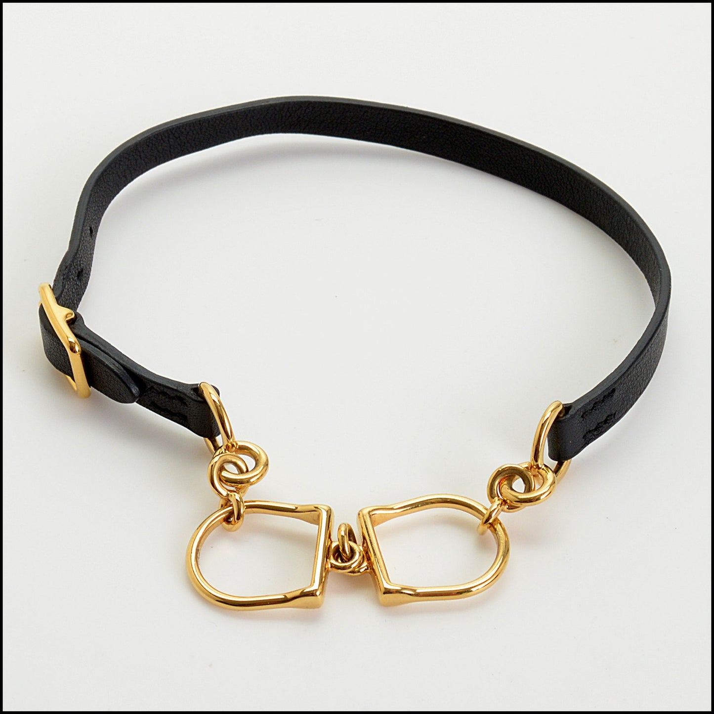 RDC14856 HERMES Black Leather Double Tour Etrier Bracelet