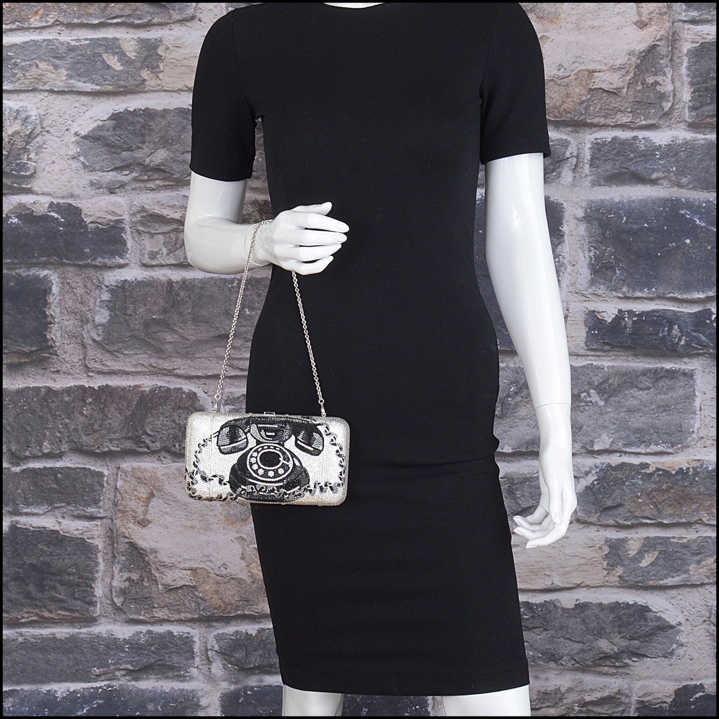 RDC15268 JUDITH LEIBER Silver/Black Telephone Crystal Box Minaudiere Bag