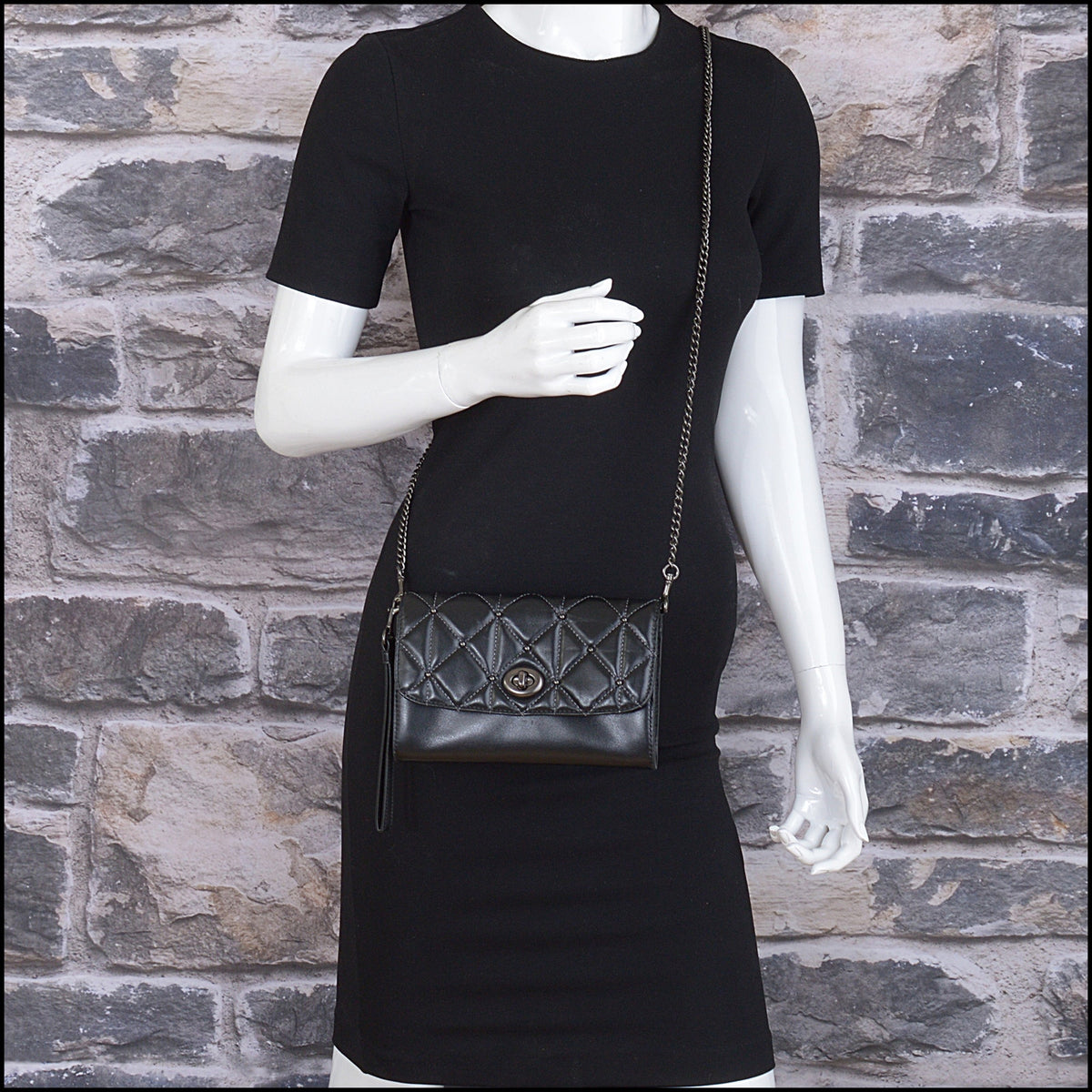 RDC15621 COACH Black Quilted Studded Flap Wallet on Chain WOC