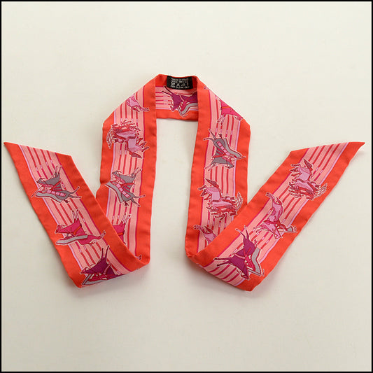 RDC15556 HERMES Orange/Pink "Pani La Shar Pawnee" Kermit Oliver Twilly Silk Ribbon Scarf