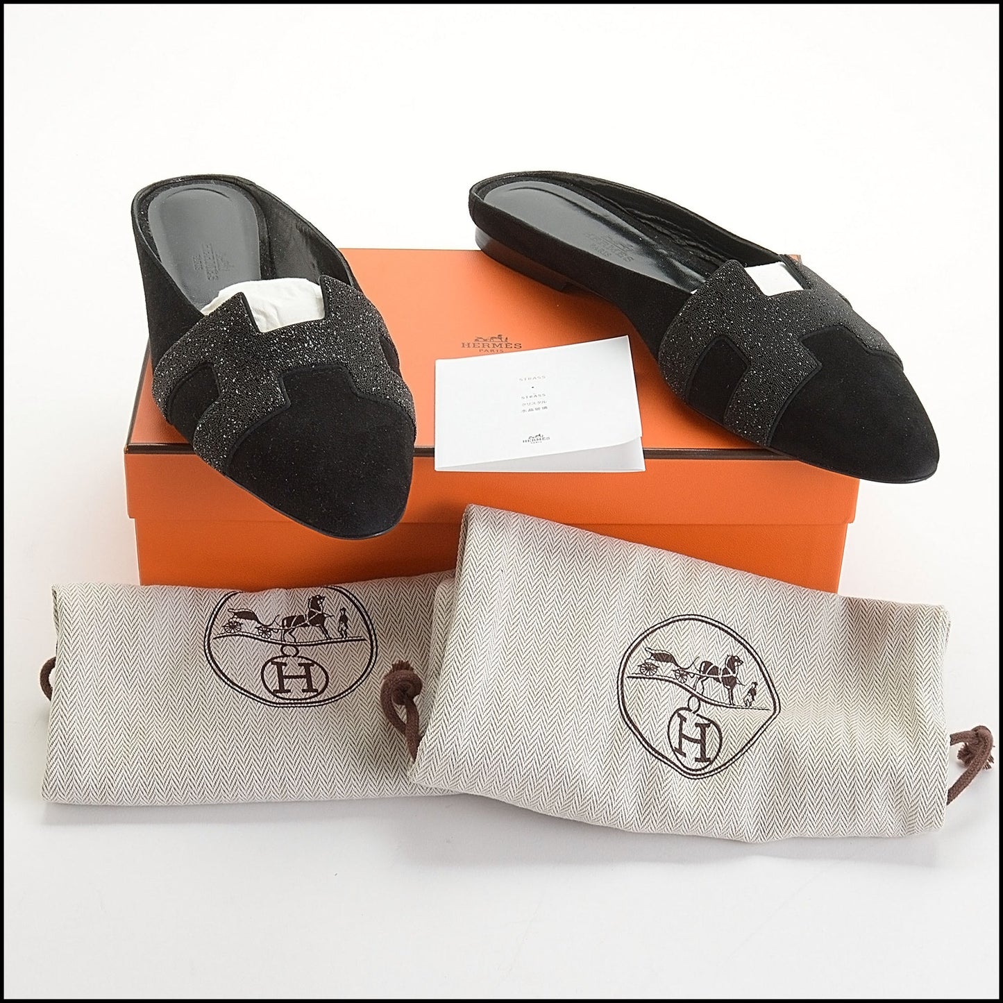 RDC14127 Authentic HERMES Black Suede Micro Crystal Roxane Mules Size 9.5