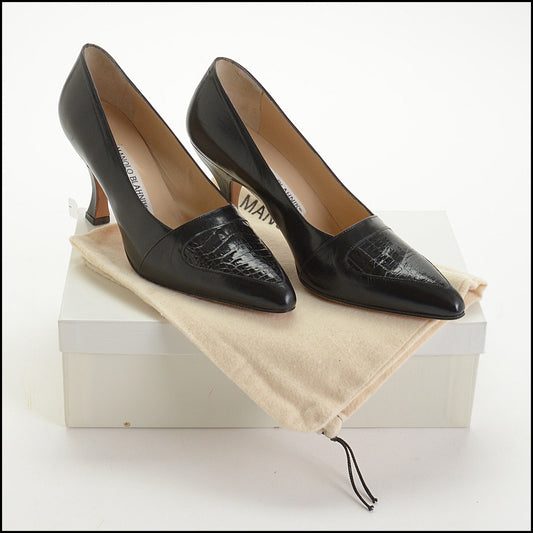 RDC14747 MANOLO BLAHNIK Black Kidskin & Alligator Detail Heels Size 37.5