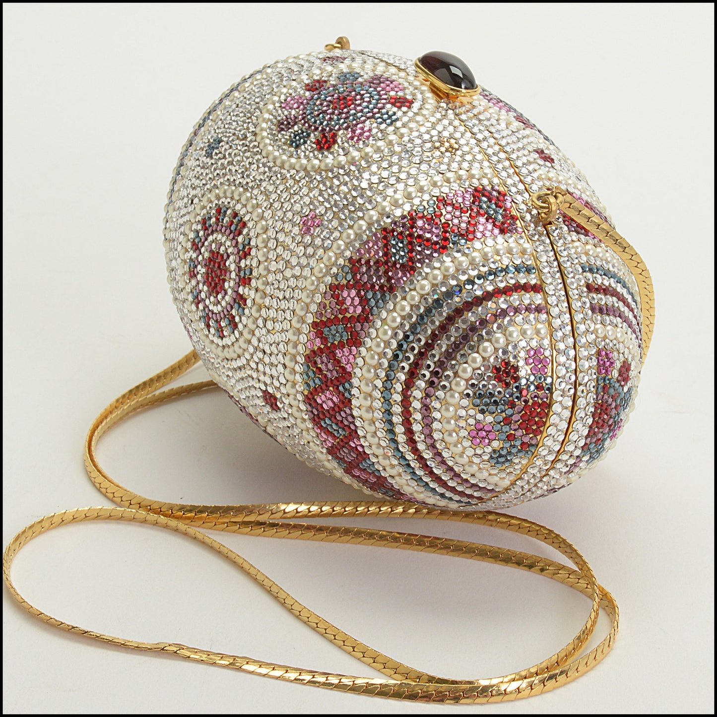 RDC14971 JUDITH LEIBER Mosaic Decorated Egg Crystal & Pearl Minaudiere Bag