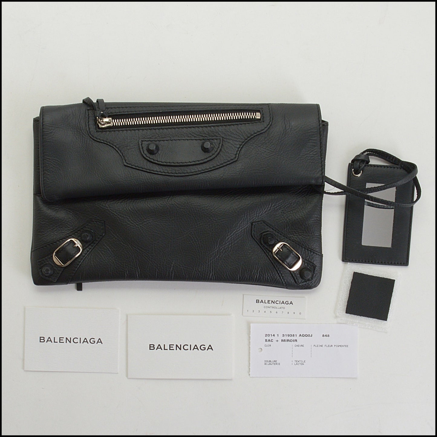 RDC14589 BALENCIAGA Matte Black Goatskin Rubber Covered Classic Hardware Envelope Clutch