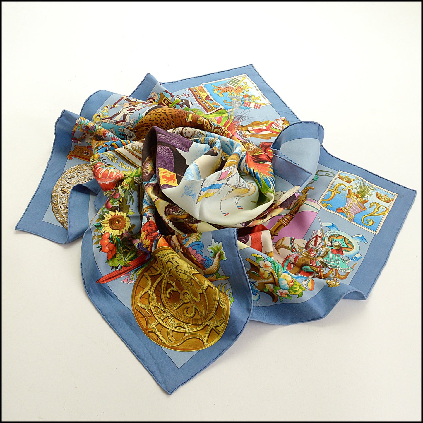 RDC15558 HERMES Blue "Les Ameriques" Kermit Oliver Silk Scarf 90 cm