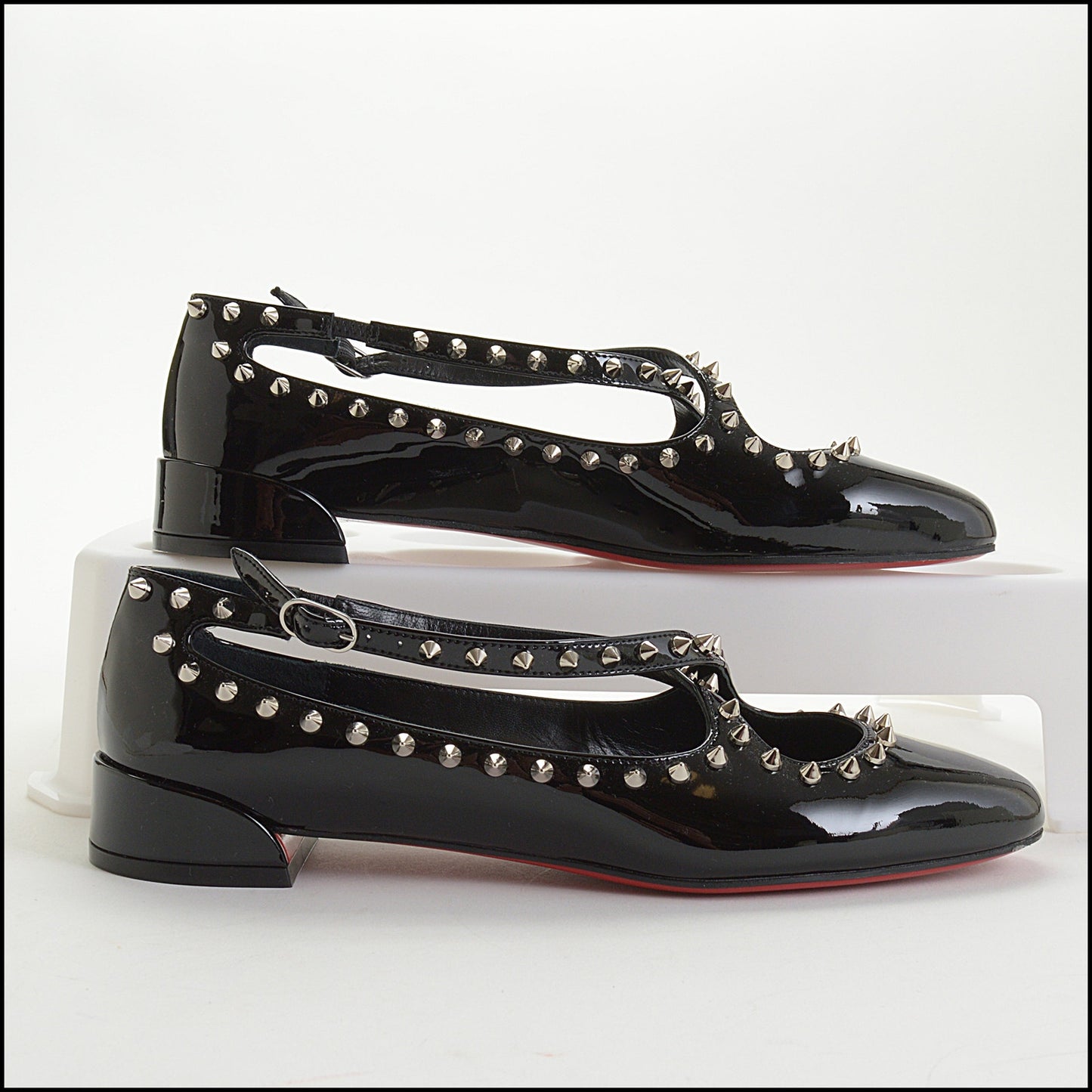 RDC14558 CHRISTIAN LOUBOUTIN Black Patent Leather Studded Pilouta Jane Flats Size 37