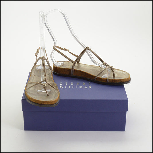 RDC14429 Stuart Weitzman Gold Nappa Leather Matty Flat Cork Sandals Size 8 Narrow