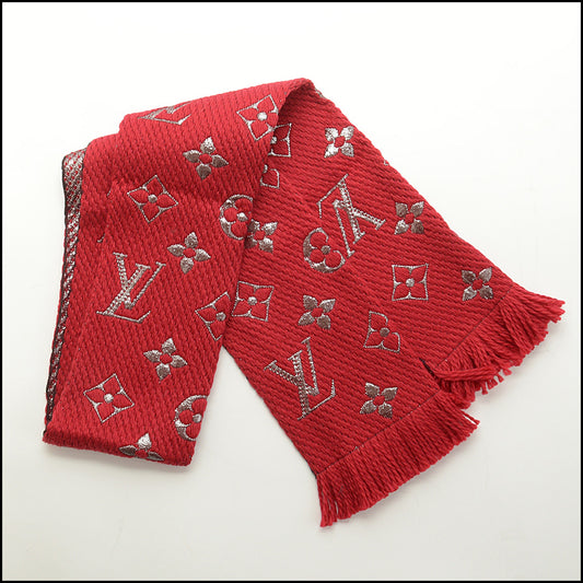 RDC15044 LOUIS VUITTON Red / Silver LV Logomania Wool Scarf