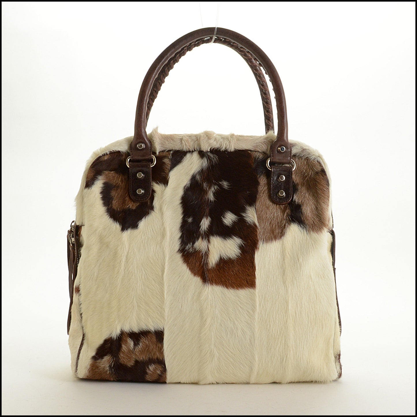 RDC15346 BALENCIAGA '06 Marron Dark Brown Whole Goat Chevre Leather and Fur Bowling Handbag
