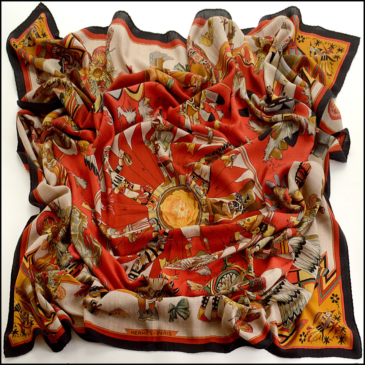 RDC15685 HERMES Black/Rouge/Natural "Kachinas" 140 Cashmere Shawl Kermit Oliver