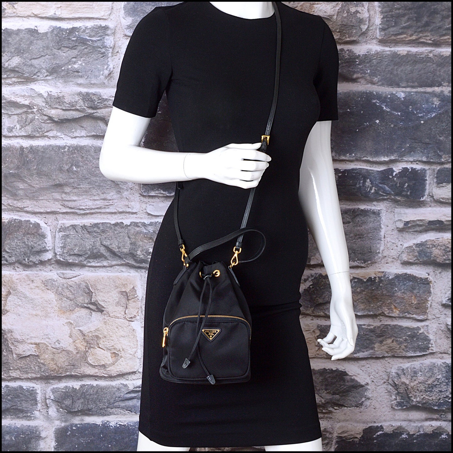 RDC14540 PRADA Black Tessuto Nylon Saffiano Duet Bucket Crossbody Bag