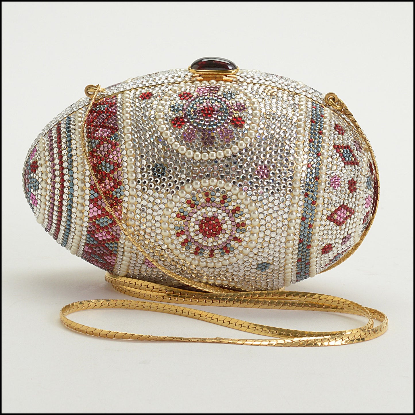 RDC14971 JUDITH LEIBER Mosaic Decorated Egg Crystal & Pearl Minaudiere Bag