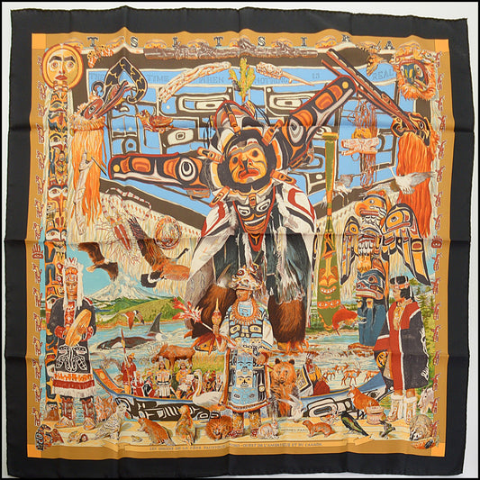 RDC14612 HERMES Black & Tan Tsitsika 90cm SIlk Scarf Kermit Oliver