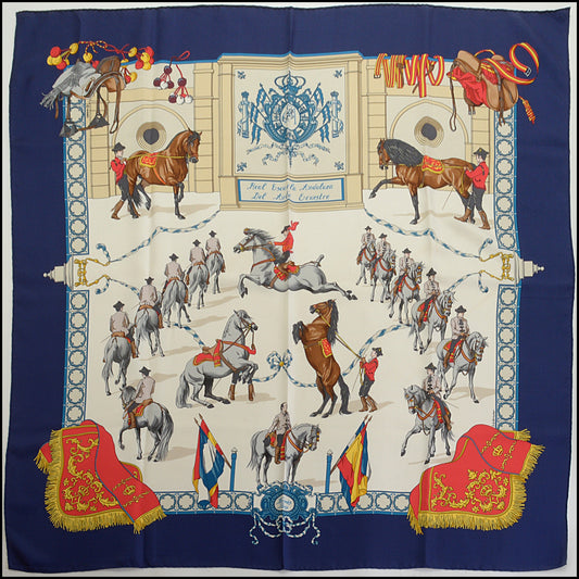 RDC14808 HERMES Blue/White Real Escuela Andaluza 90 Silk Scarf