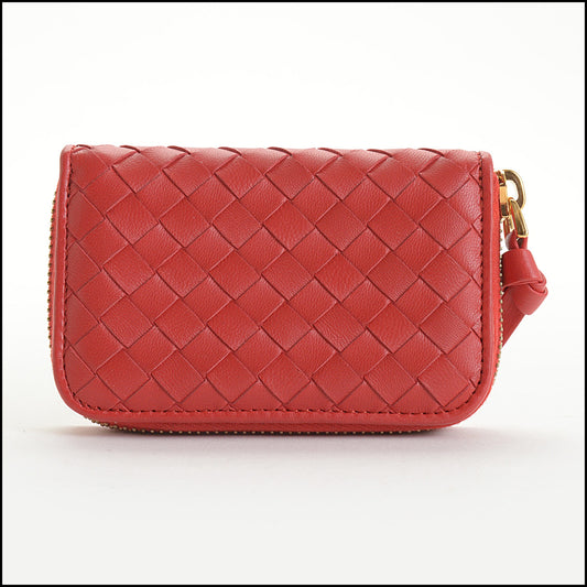 RDC14743 BOTTEGA VENETA Lipstick Red Nappa Intrecciato Zipped Card Case Wallet