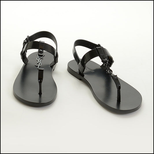 RDC15046 SAINT LAURENT Black Leather YSL Flat Thong Cassandre Sandal Men's Size 42
