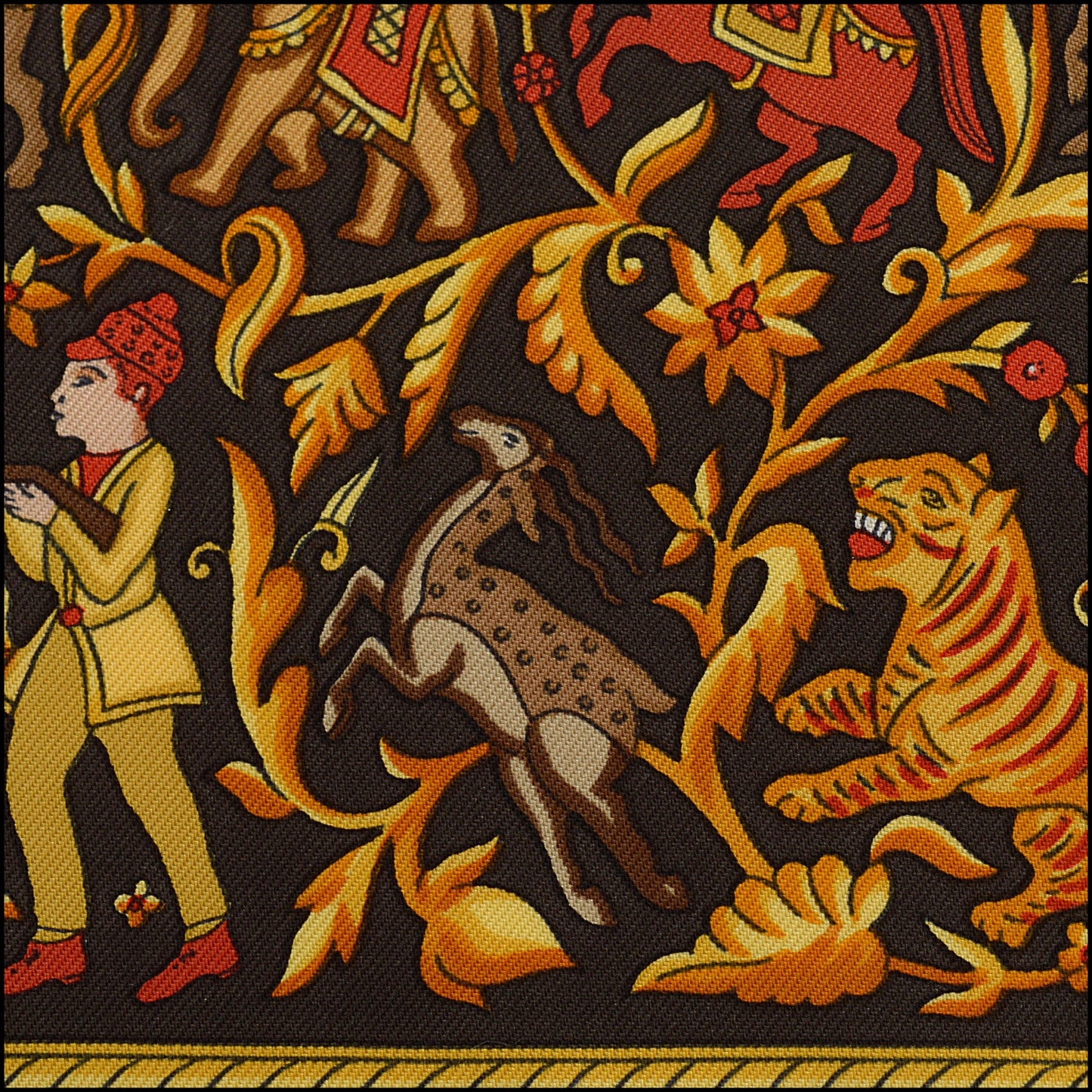 RDC15269 HERMES Dark Brown/Gold "Chasse en Inde" Silk Scarf 90cm