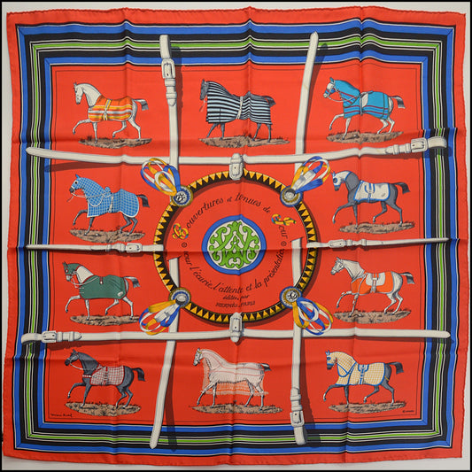RDC15461 HERMES Vintage 1974 Red "Couvertures et Tenues de Jour" Silk Scarf 90 cm