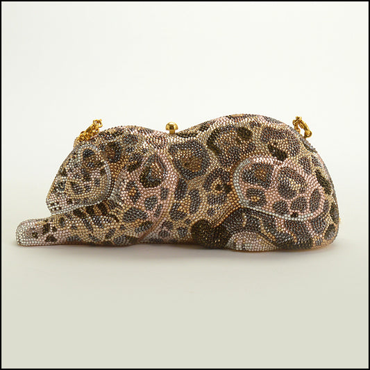 RDC15248 JUDITH LEIBER Brown Leopard Crystal Minaudiere Bag