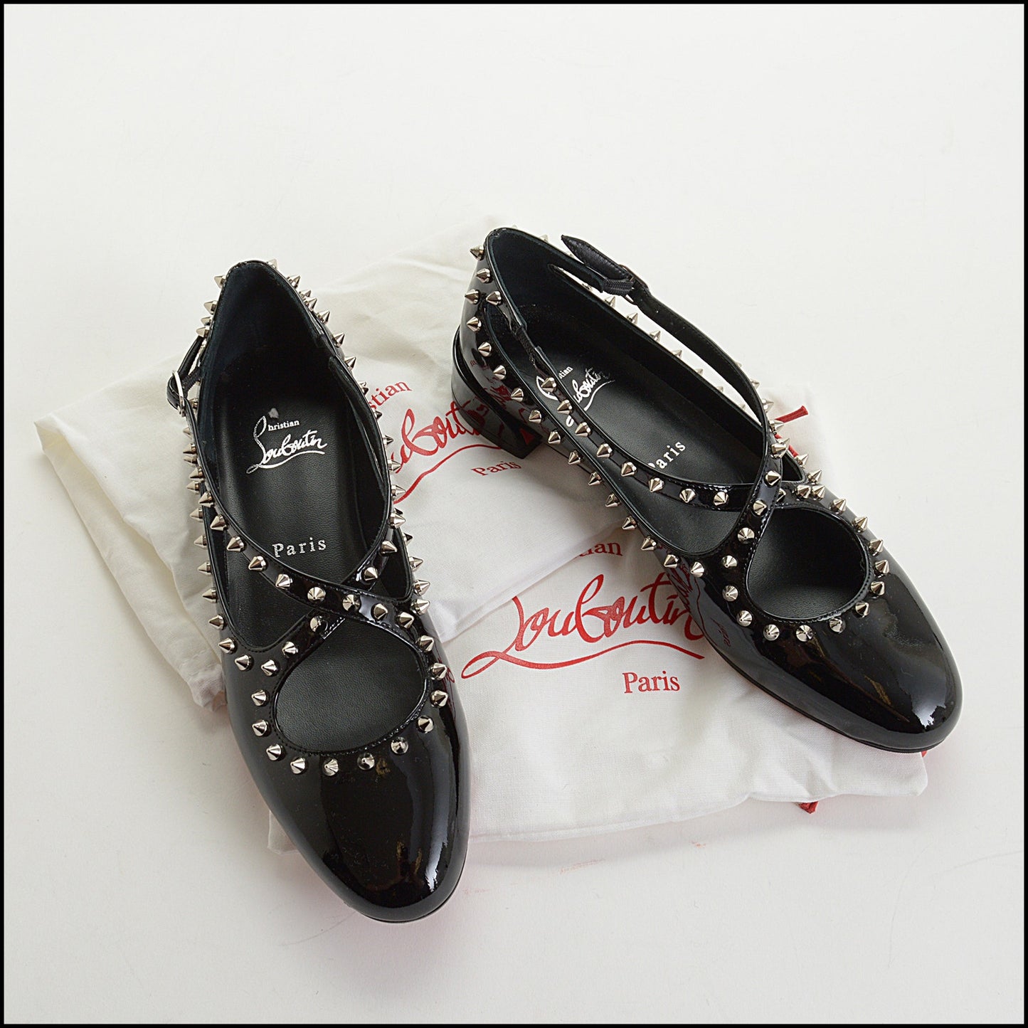 RDC14558 CHRISTIAN LOUBOUTIN Black Patent Leather Studded Pilouta Jane Flats Size 37
