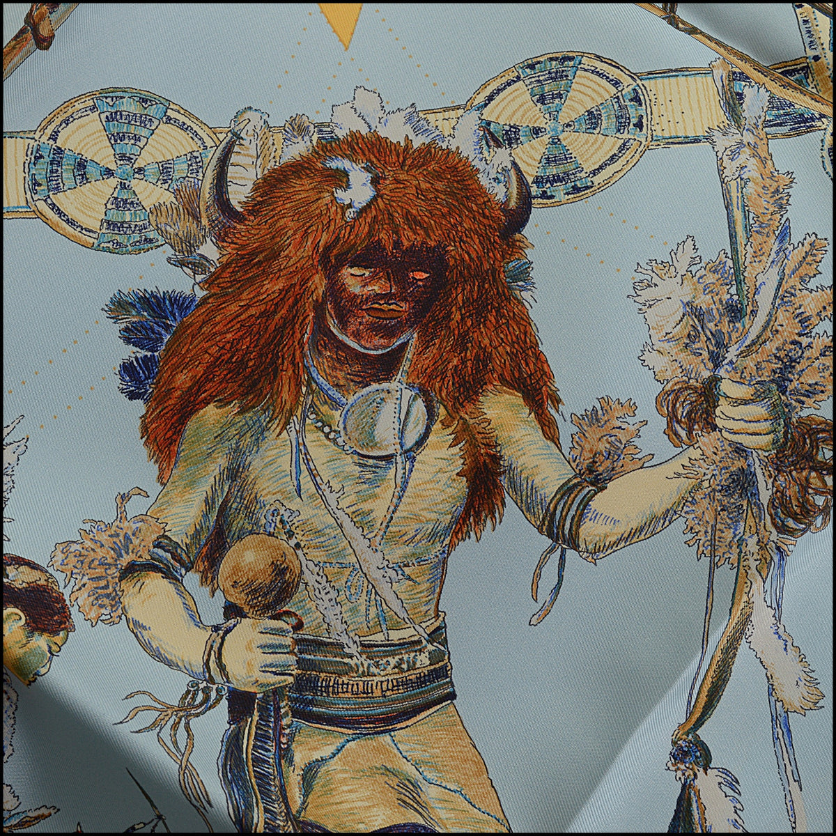RDC15676 HERMES Light Blue/Tan ''Les Danses Des Indiens'' Scarf Kermit Oliver