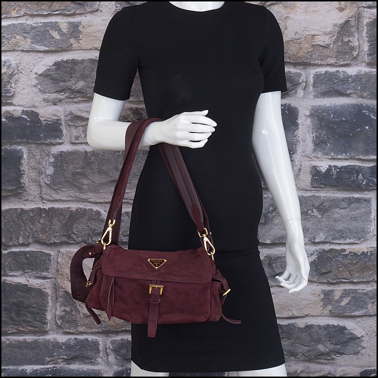RDC15310 PRADA Bordeaux Explore Medium Suede Shoulder Bag