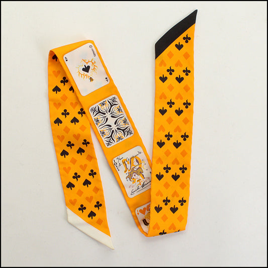 RDC14887 HERMES Jaune/Black/White "Jeu de Cartes" Silk Twilly Small Scarf