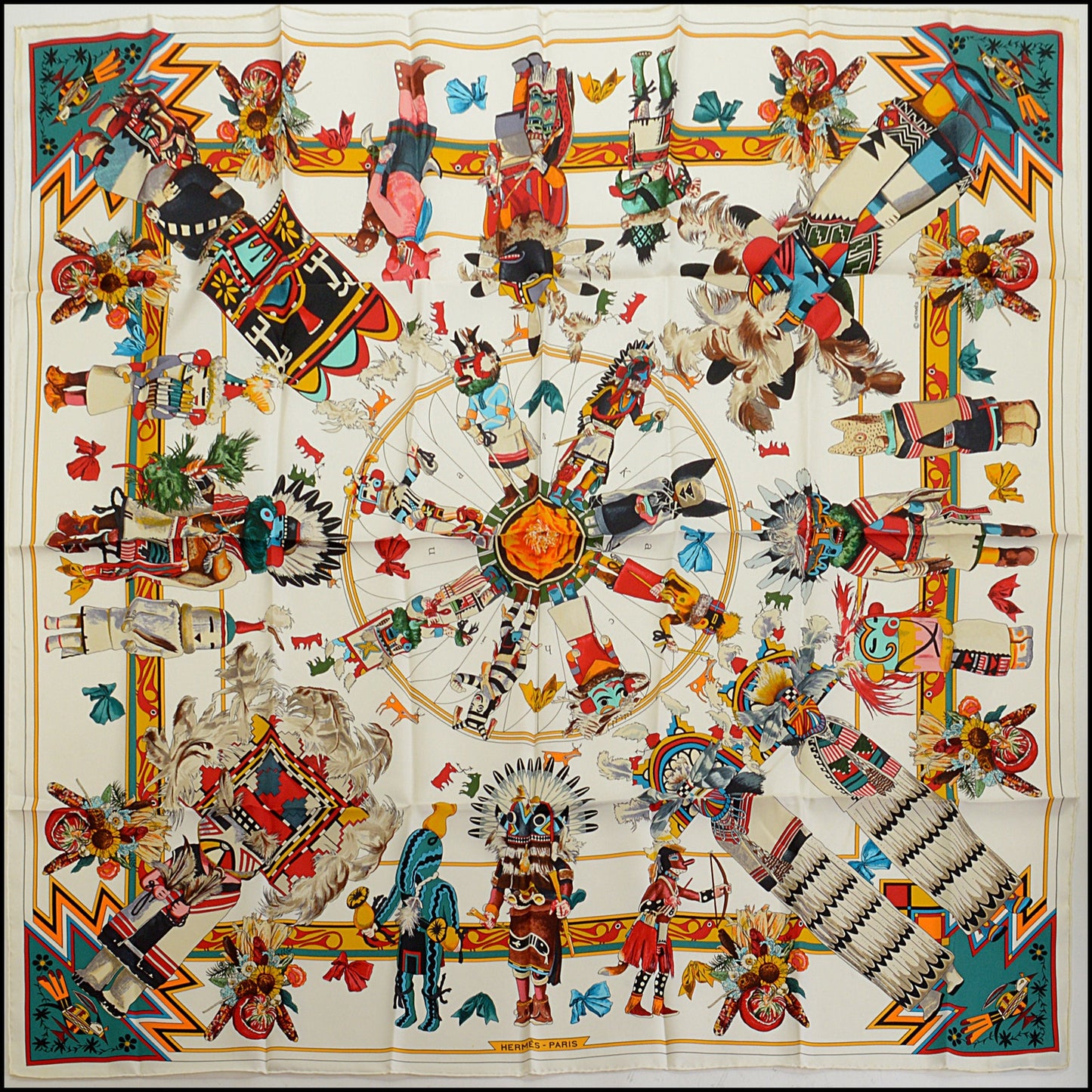 RDC14892 HERMES Vintage White/Multi "Kachinas" 90cm Scarf Kermit Oliver