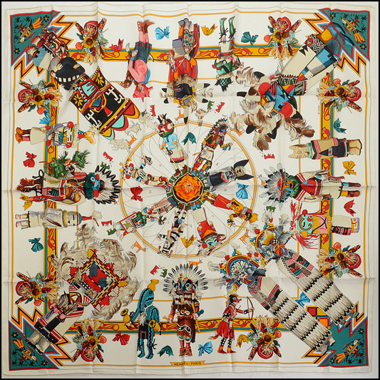 RDC14892 HERMES Vintage White/Multi "Kachinas" 90cm Scarf Kermit Oliver