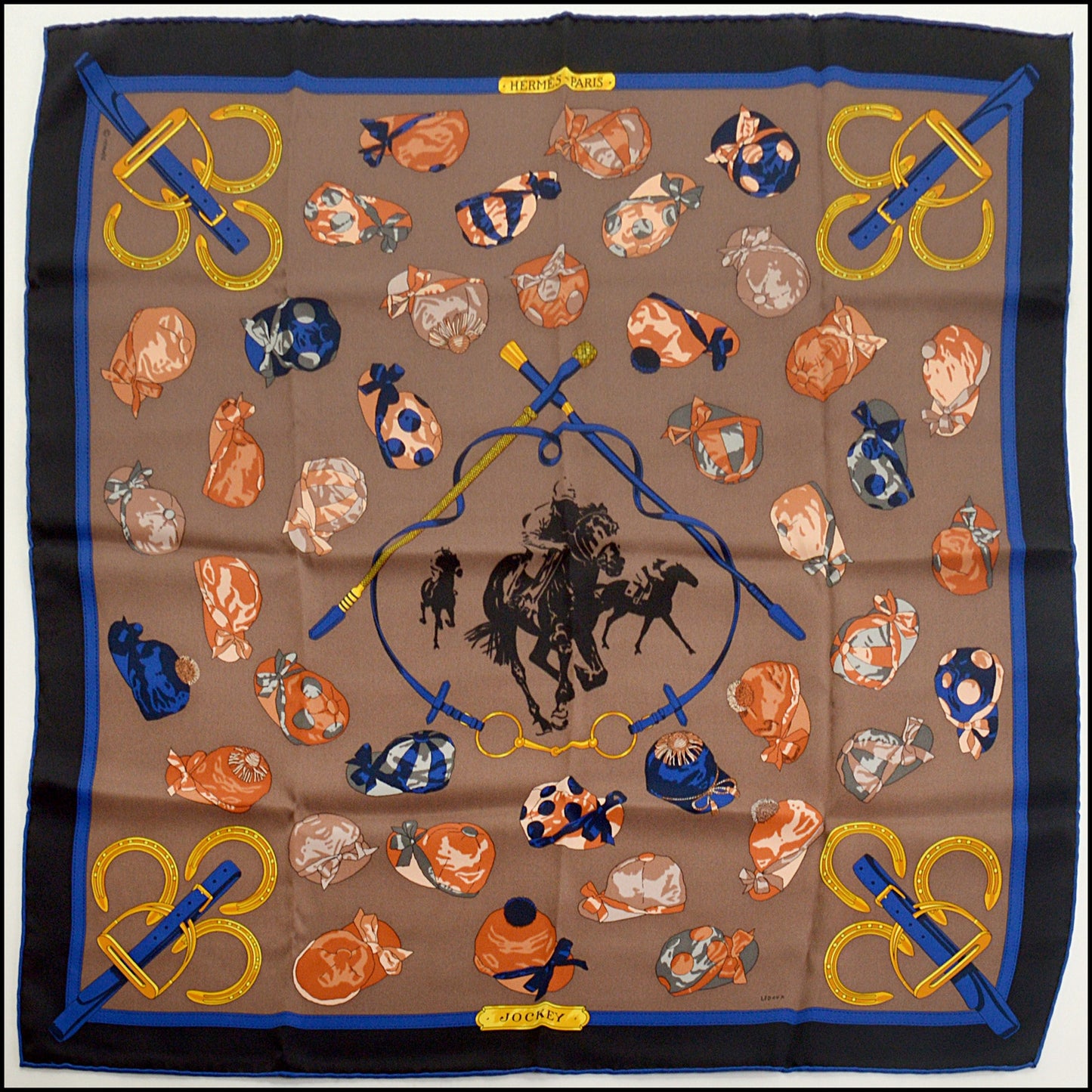 RDC15456 HERMES '15 Black/Blue/Taupe "Jockey" 70cm Silk Scarf