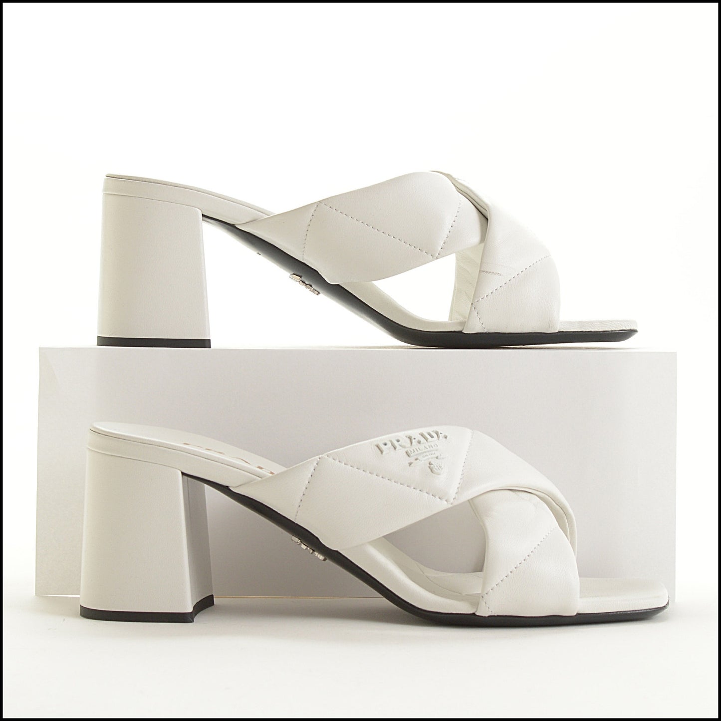 RDC15430 PRADA White Quilted Criss-Cross Sandals with Block Heel Size 39.5