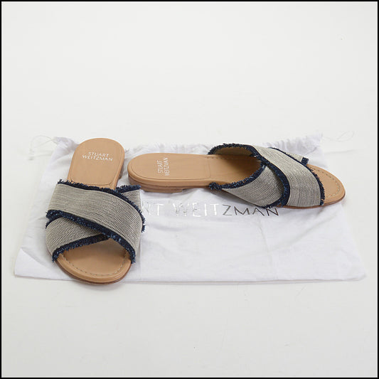 RDC14232 Authentic STUART WEITZMAN Blue & Silver Beads Flat Slides Size 8.5