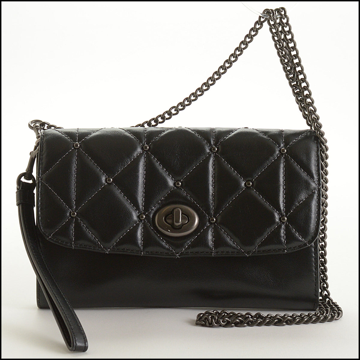 RDC15621 COACH Black Quilted Studded Flap Wallet on Chain WOC