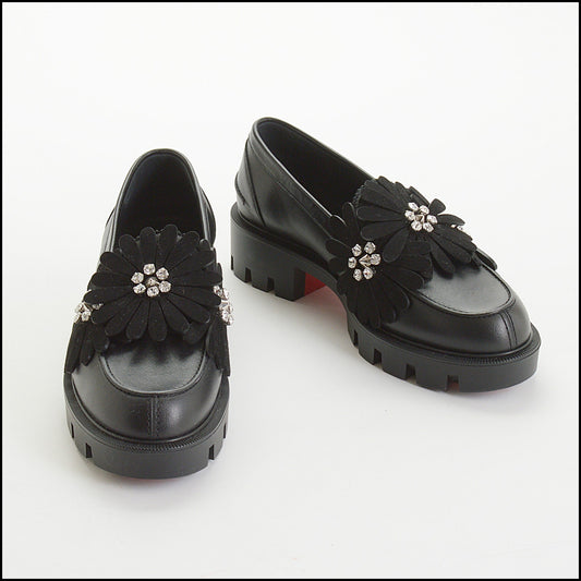 RDC14557 CHRISTIAN LOUBOUTIN Black Leather Floral & Crystal Embellished Loafers Size 36.5