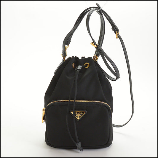RDC14540 PRADA Black Tessuto Nylon Saffiano Duet Bucket Crossbody Bag