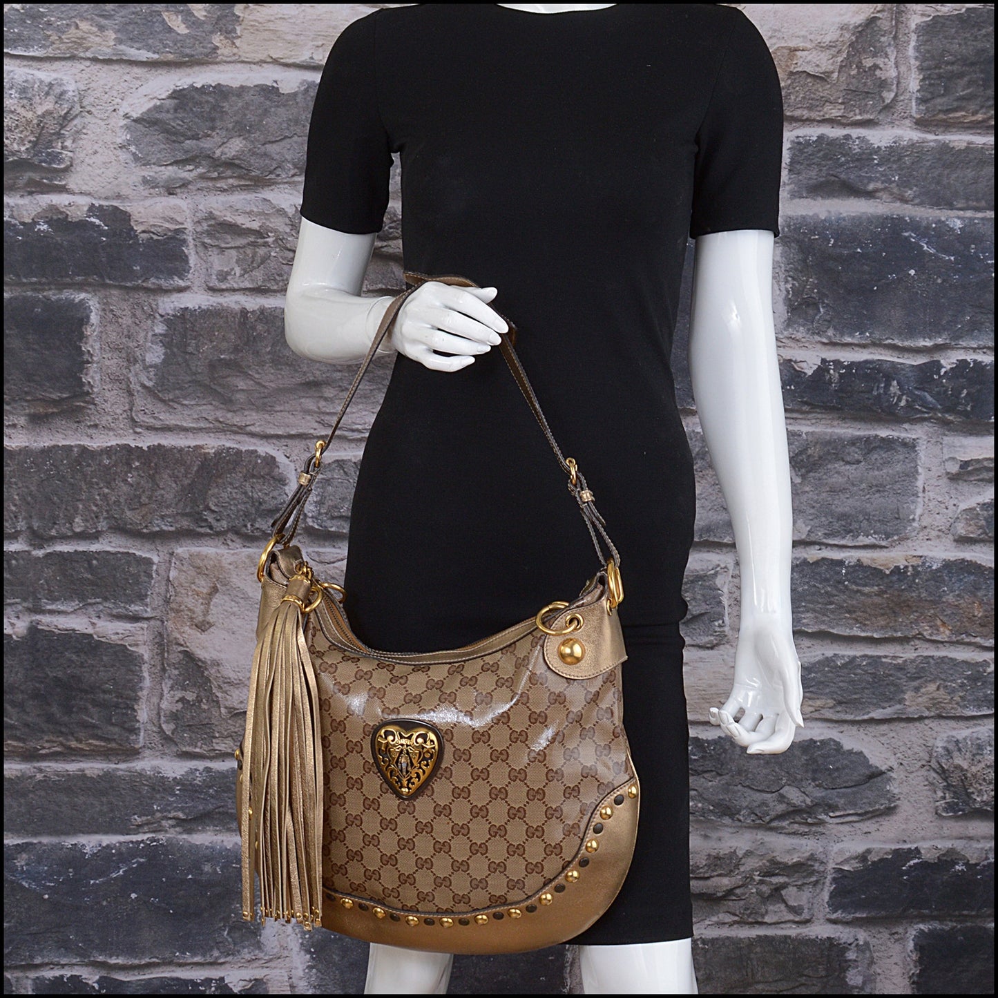 RDC15032 GUCCI '09 Gold Leather GG Crystal Babouska Heart Crest Hobo Bag