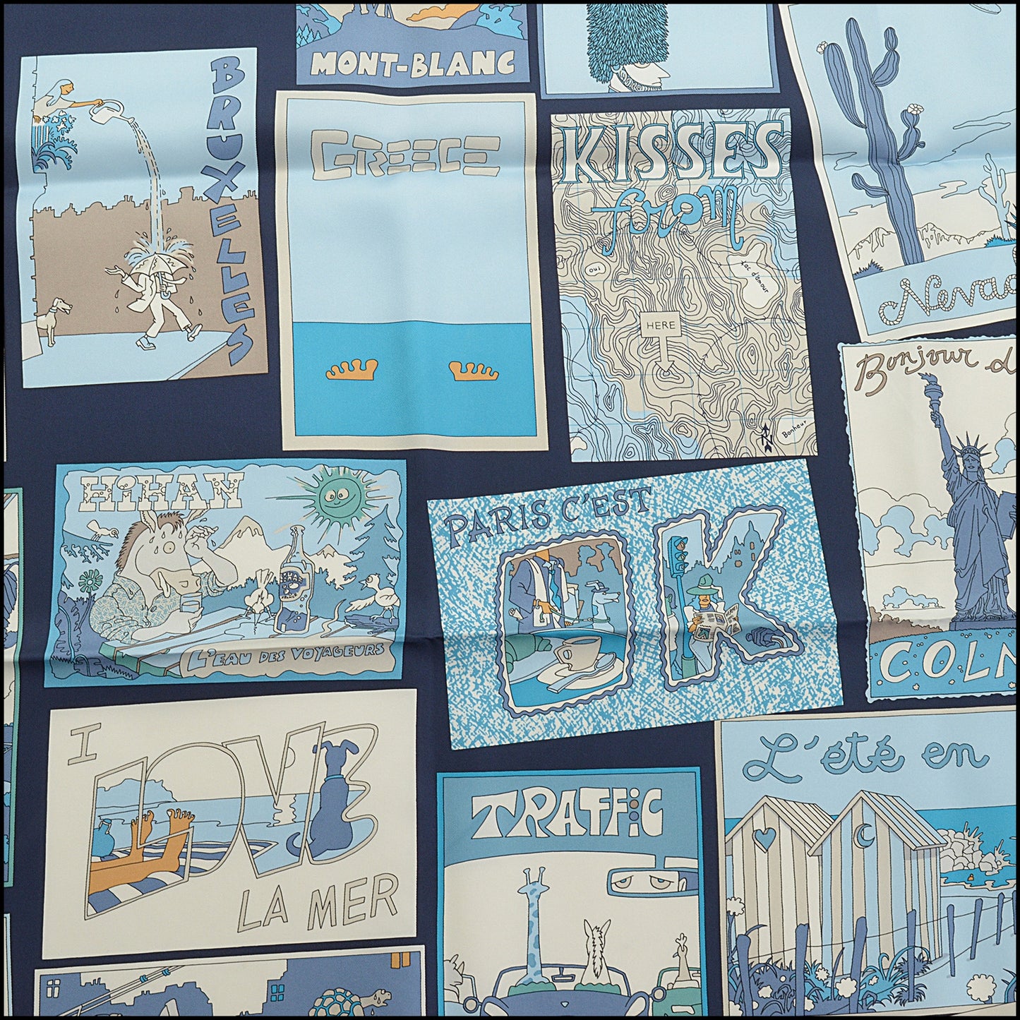 RDC15608 HERMES Blue / Multi "Favoris des Lieux" 90 Silk Scarf