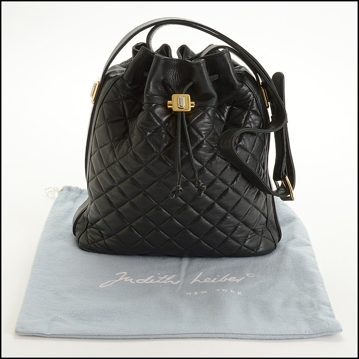 RDC15637 JUDITH LEIBER Black Quilted Leather Drawstring