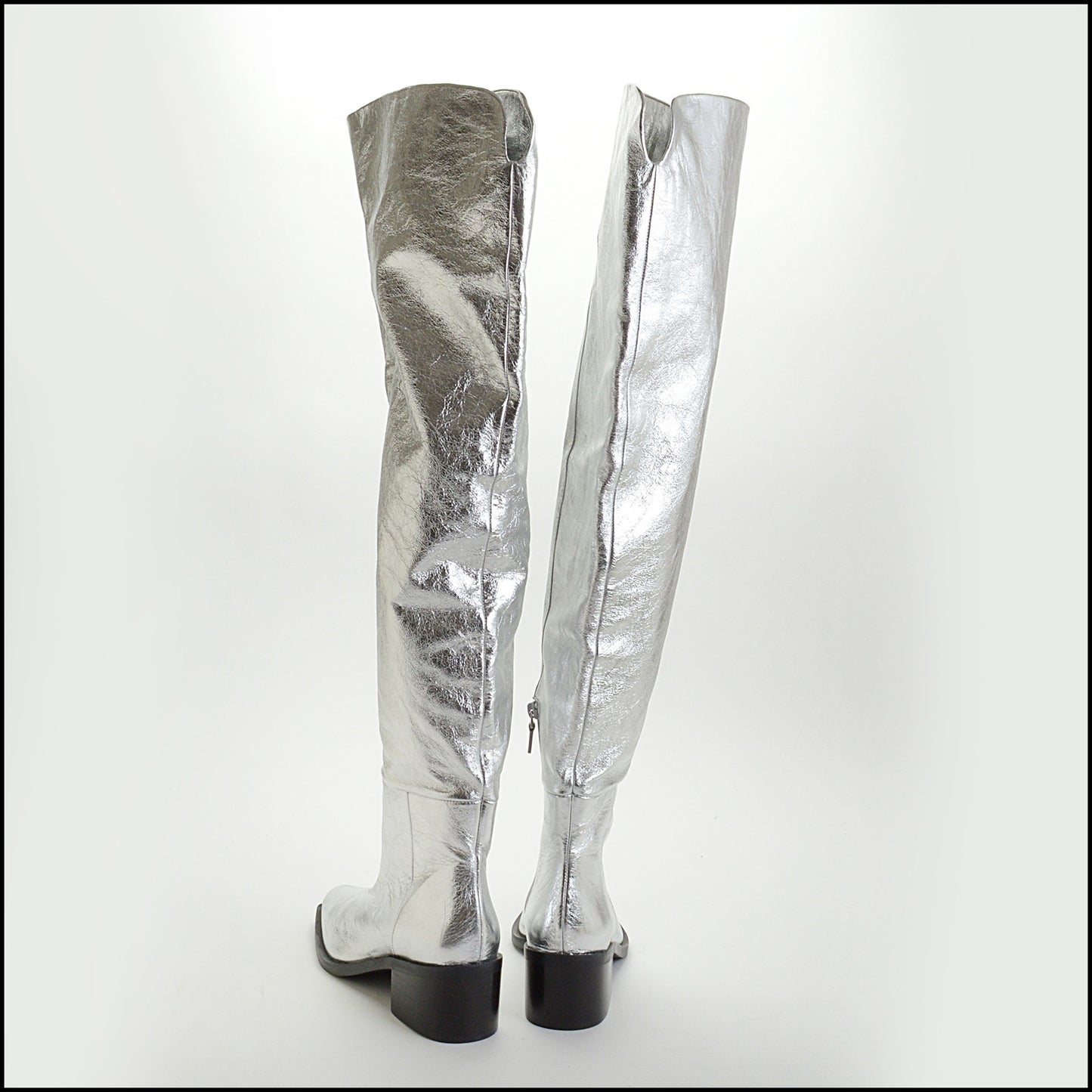 RDC14664 STUART WEITZMAN Silver Crushed Metallic Leather SWxAknvas Scrunch Boot Size 9.5B
