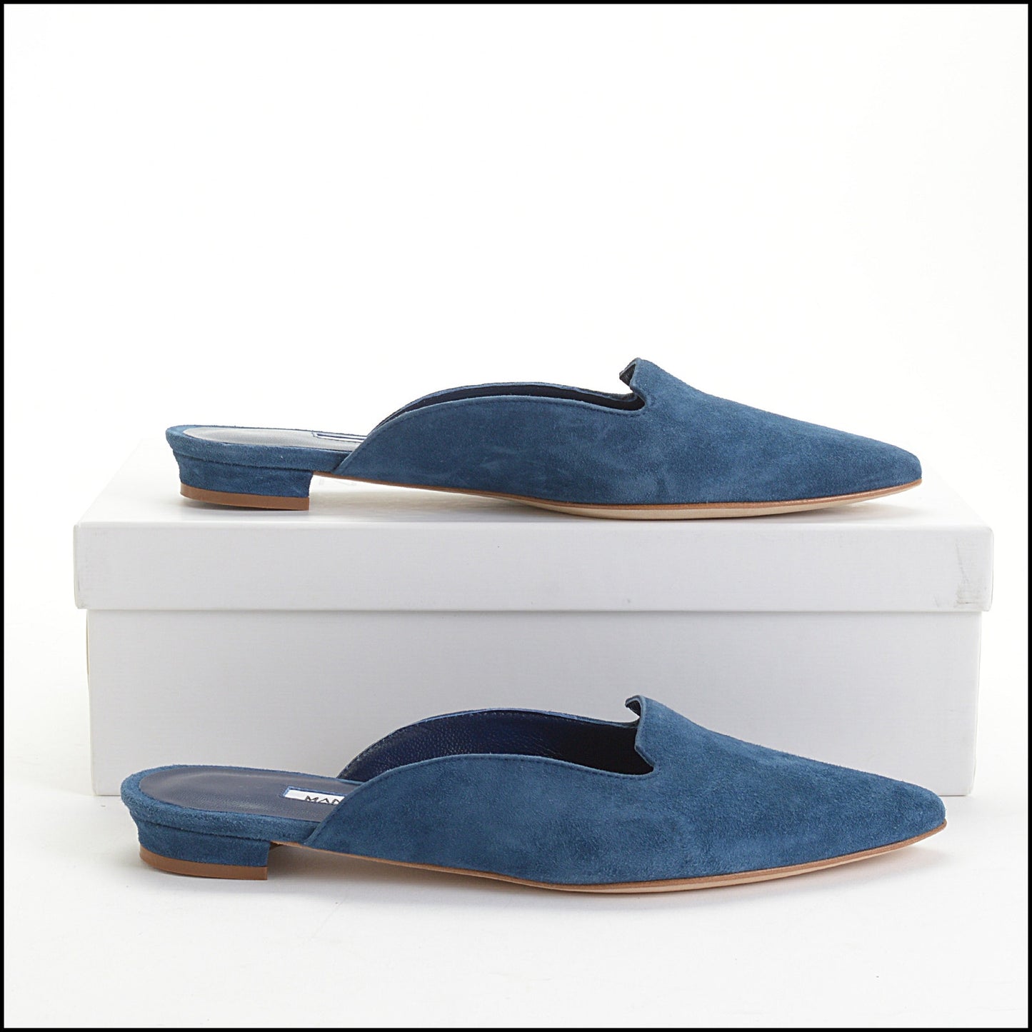 RDC14163 Authentic MANOLO BLAHNIK Blue Suede Flat Mules Size 5