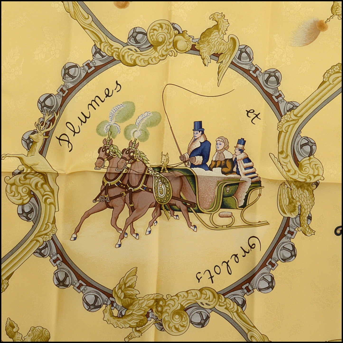 RDC14534 HERMES Yellow Plumes Et Grelots 90cm Silk Scarf