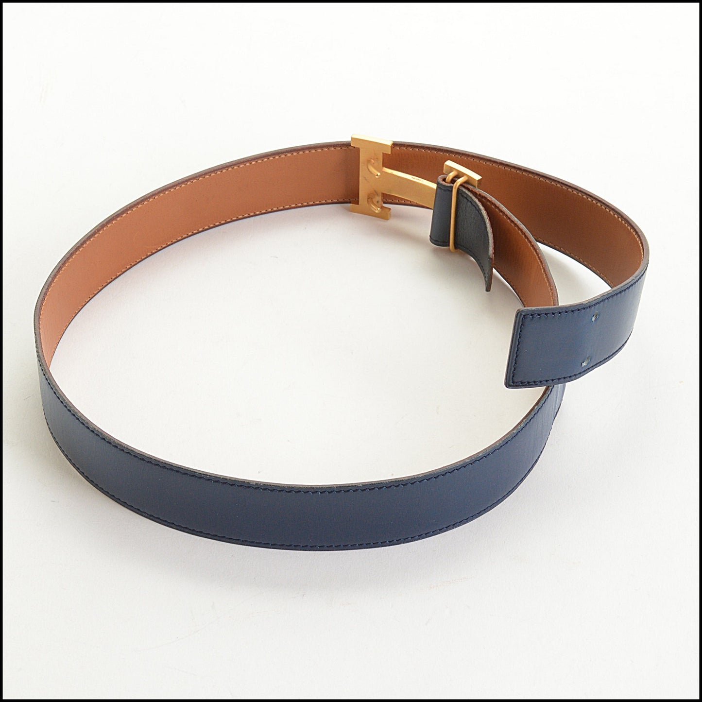 RDC14929 HERMES Dark Blue Box Leather Double Prong Gold H Buckle Constance Belt Size S 80/32