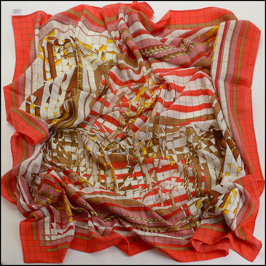 RDC14918 HERMES 2024 Red/White/Multi "Coaching Deja Vu" Cashmere/Silk 140 Shawl