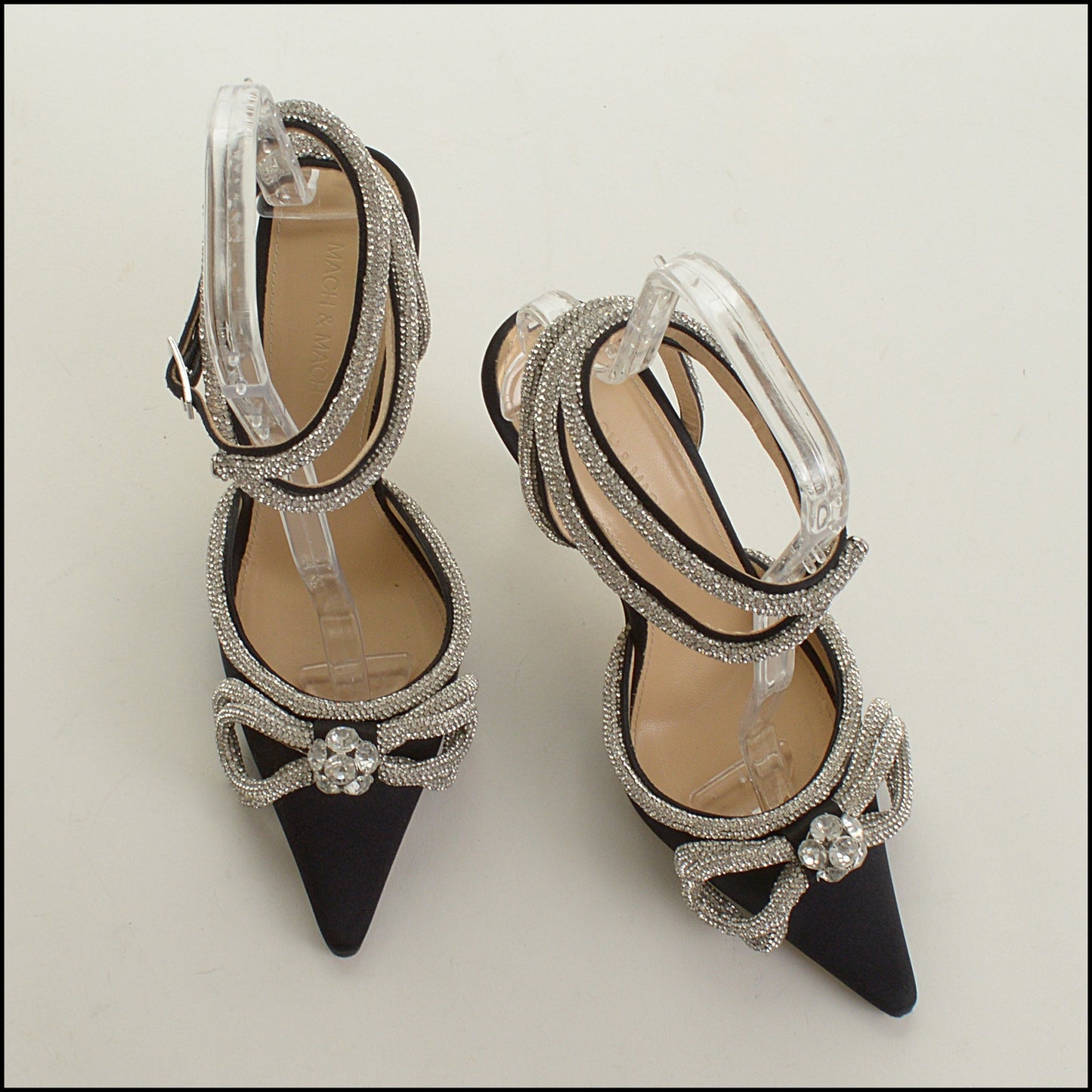 RDC15616 MACH & MACH Black Stain Crystal Bow Ankle Wrap Heels size 39