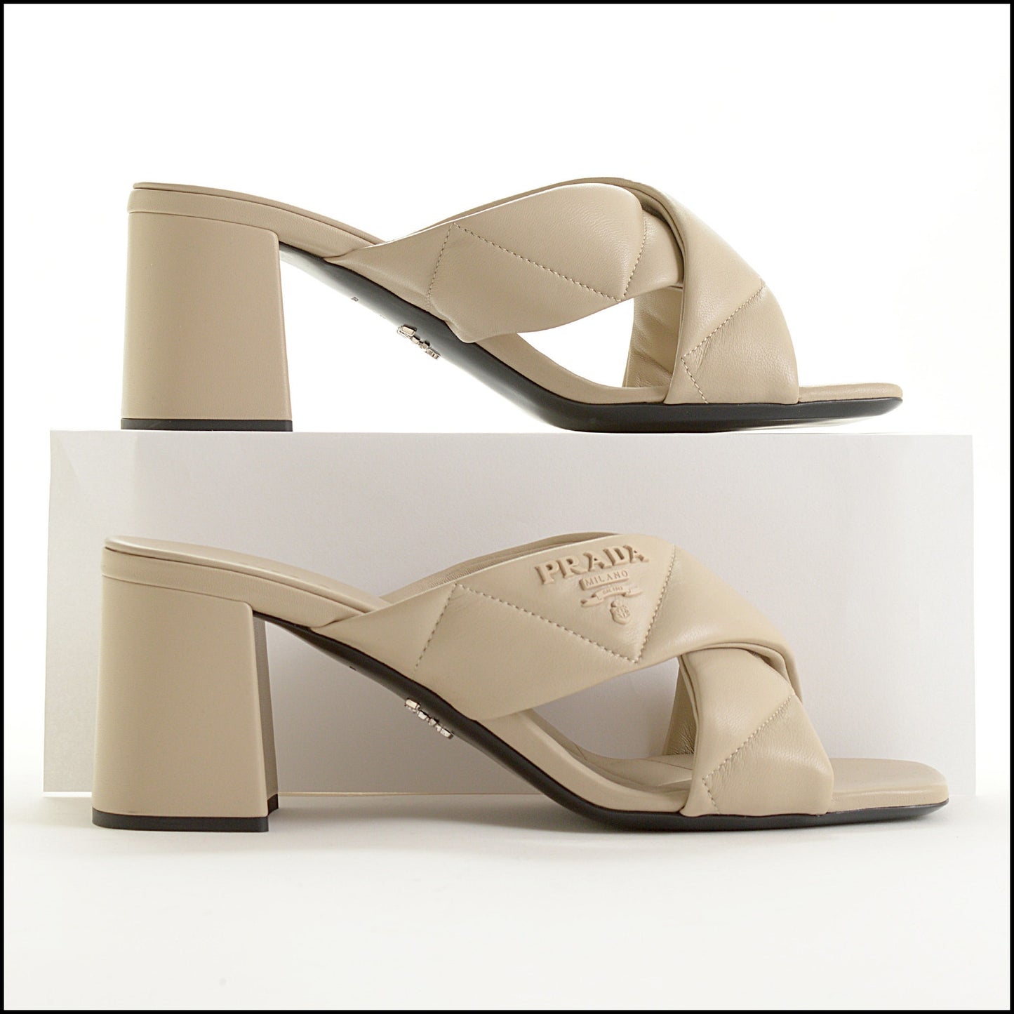 RDC15431 PRADA Taupe Quilted Criss-Cross Sandals with Block Heel Size 39.5